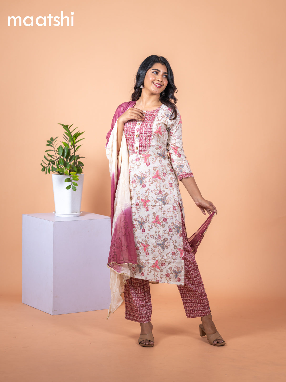 Rayon salwar suit cream and maroon with allover prints & gotapatti lace work neck pattern and bottom & chiffon embroidery work dupatta