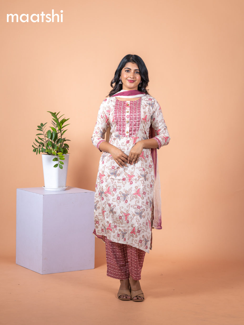 Rayon salwar suit cream and maroon with allover prints & gotapatti lace work neck pattern and bottom & chiffon embroidery work dupatta