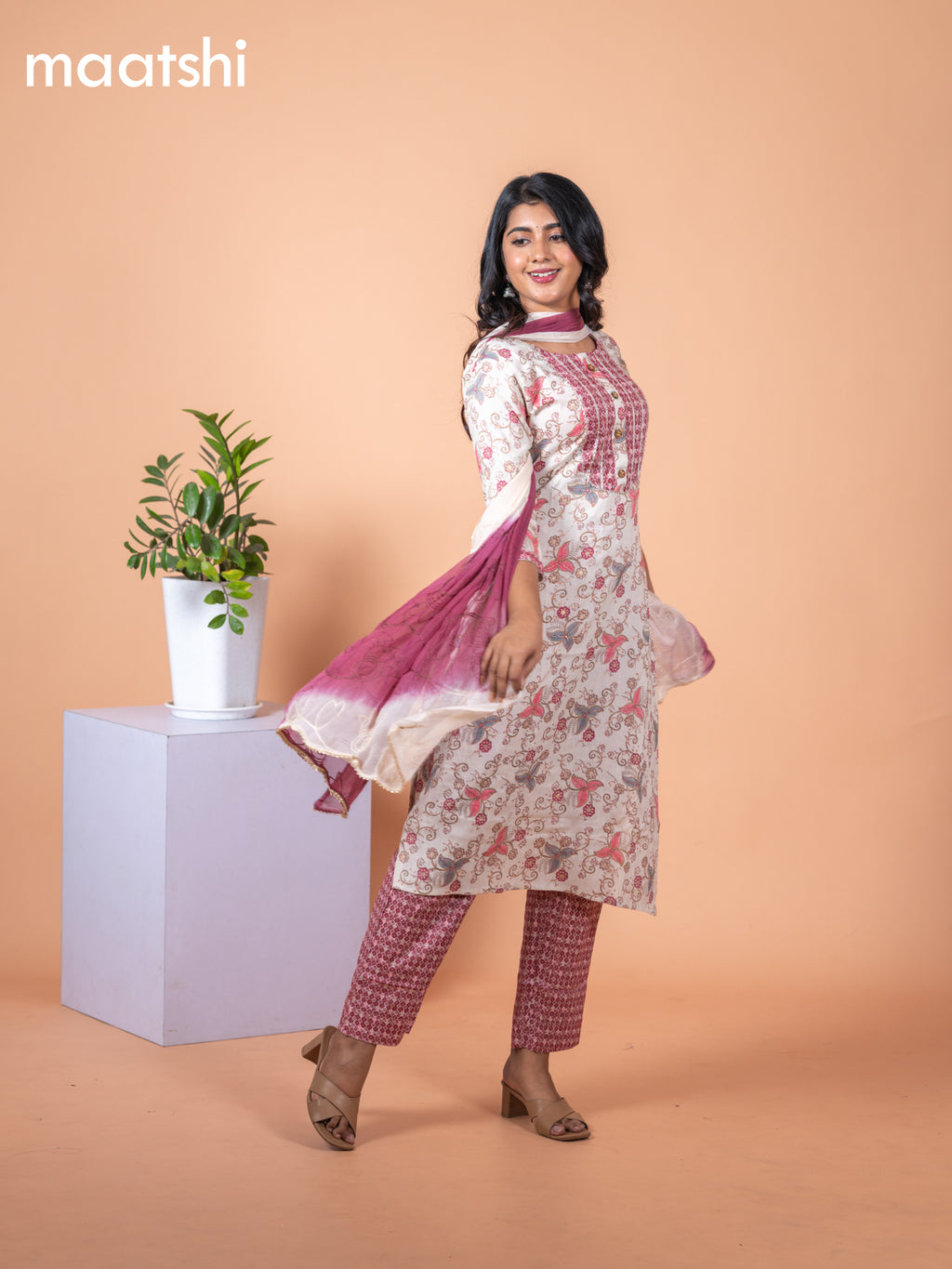 Rayon salwar suit cream and maroon with allover prints & gotapatti lace work neck pattern and bottom & chiffon embroidery work dupatta