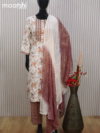 Rayon readymade salwar suit cream and brown with allover prints & gotapatti lace work neck pattern and bottom & chiffon embroidery work dupatta