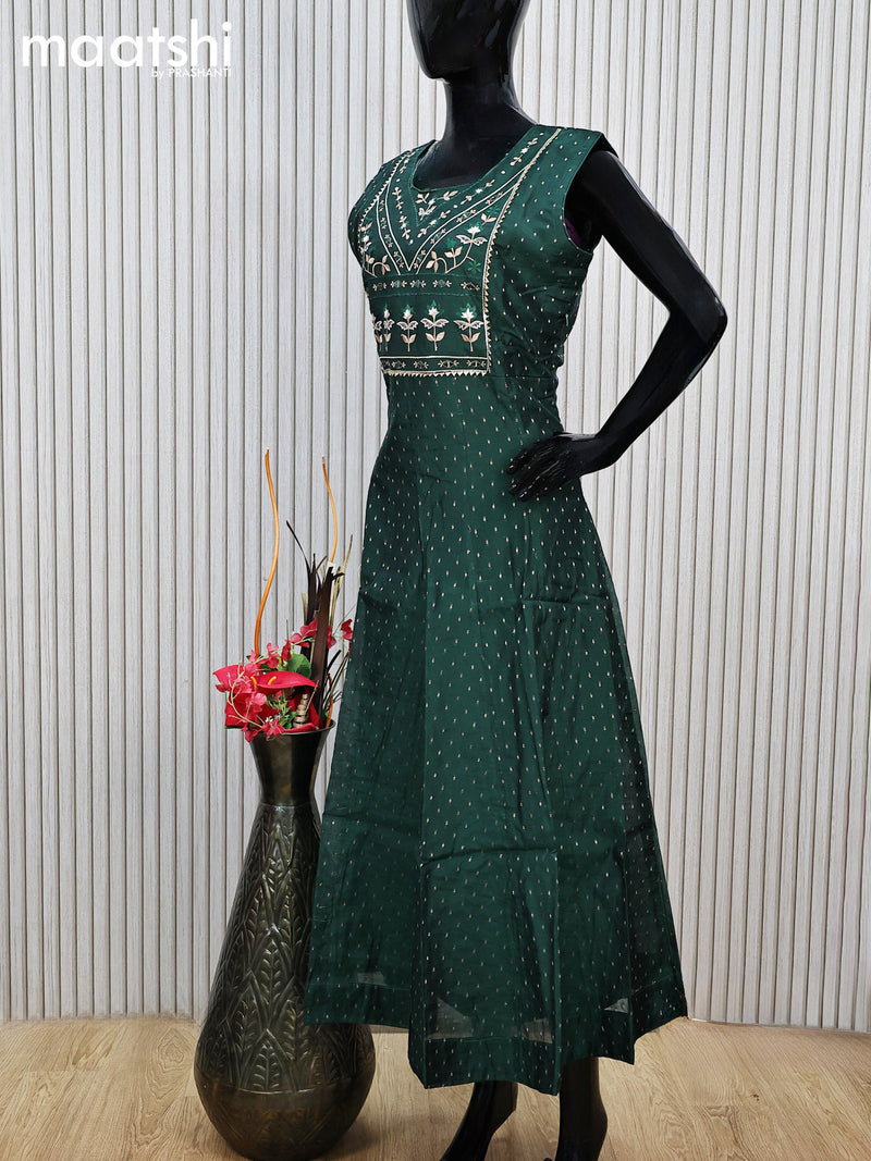 Raw silk readymade anarkali salwar suit bottle green with allover zari buttas & mirror embroidery work neck pattern and straight cut pant & printed dupatta sleeve attached