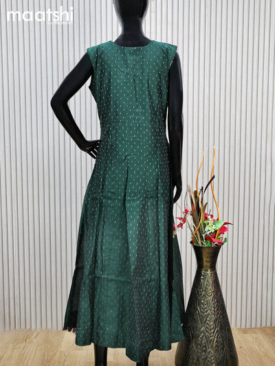 Raw silk readymade anarkali salwar suit bottle green with allover zari buttas & mirror embroidery work neck pattern and straight cut pant & printed dupatta sleeve attached