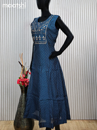 Raw silk readymade anarkali salwar suit peacock blue with allover zari buttas & mirror embroidery work neck pattern and straight cut pant & printed dupatta sleeve attached