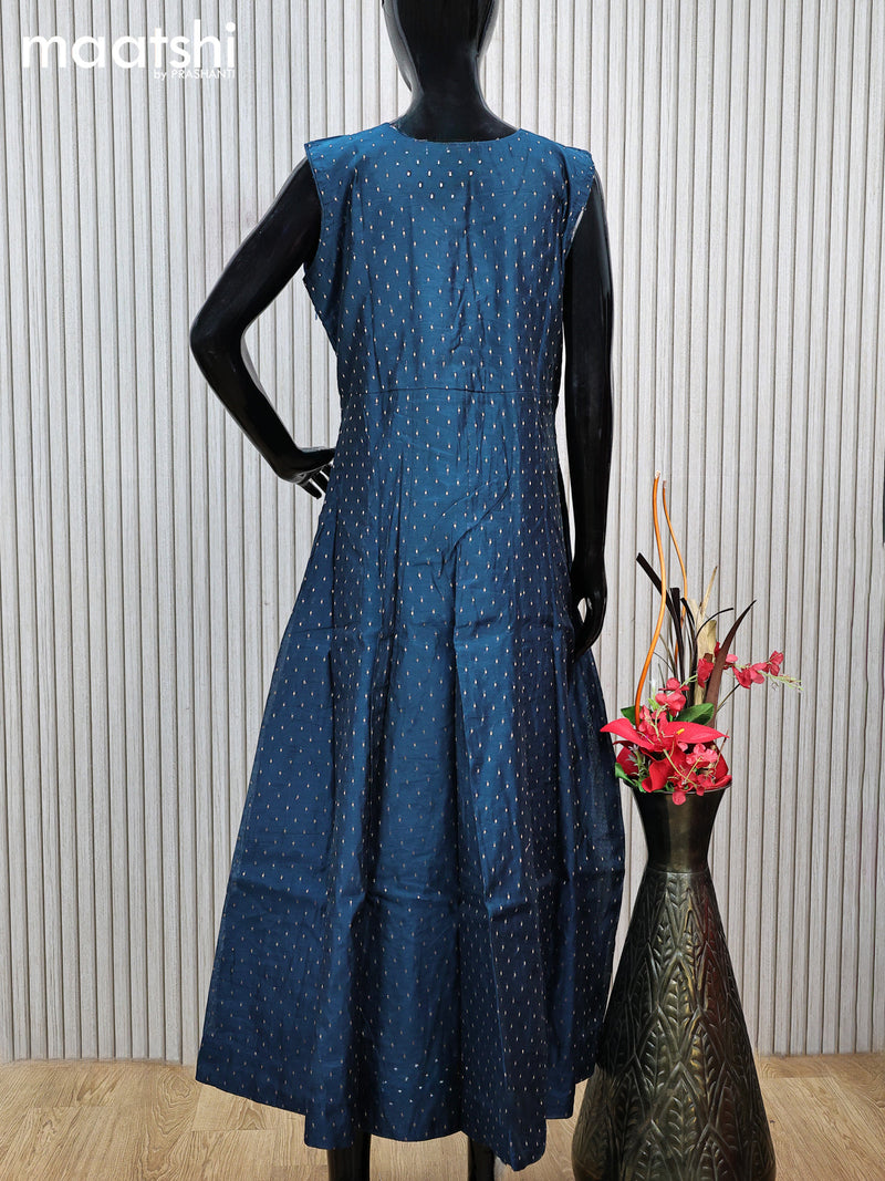 Raw silk readymade anarkali salwar suit peacock blue with allover zari buttas & mirror embroidery work neck pattern and straight cut pant & printed dupatta sleeve attached