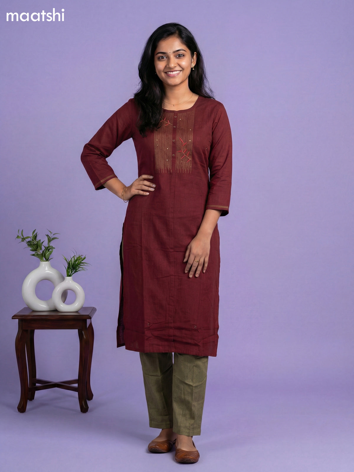 Maroon and Mehendi Green Rayon Embroidery Work Kurti Set