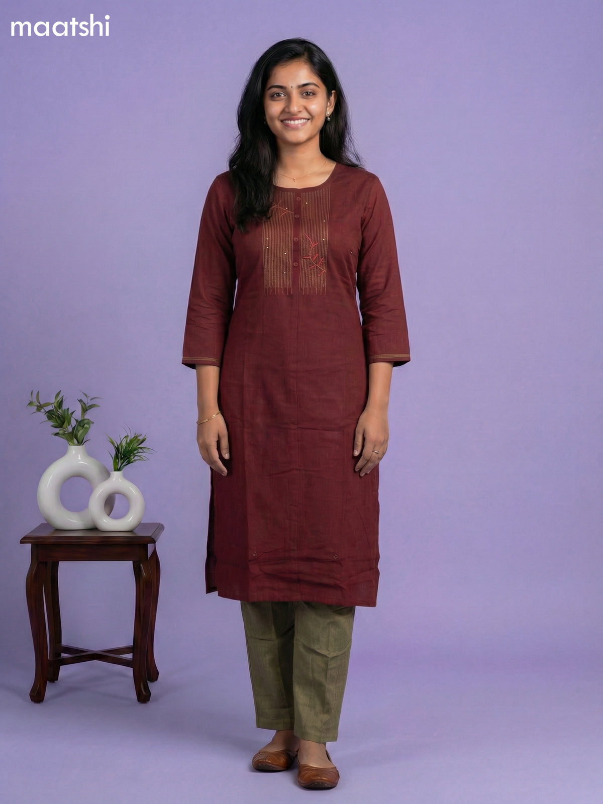 Maroon and Mehendi Green Rayon Embroidery Work Kurti Set