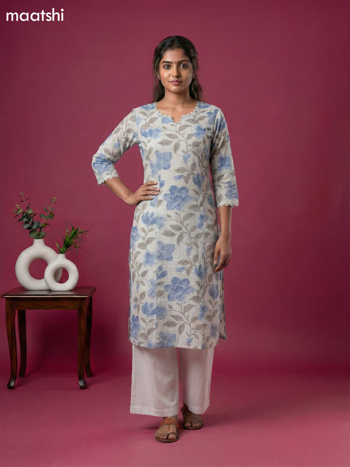 Off White and Blue Grey Linen Cotton Floral Printed Kurti Set