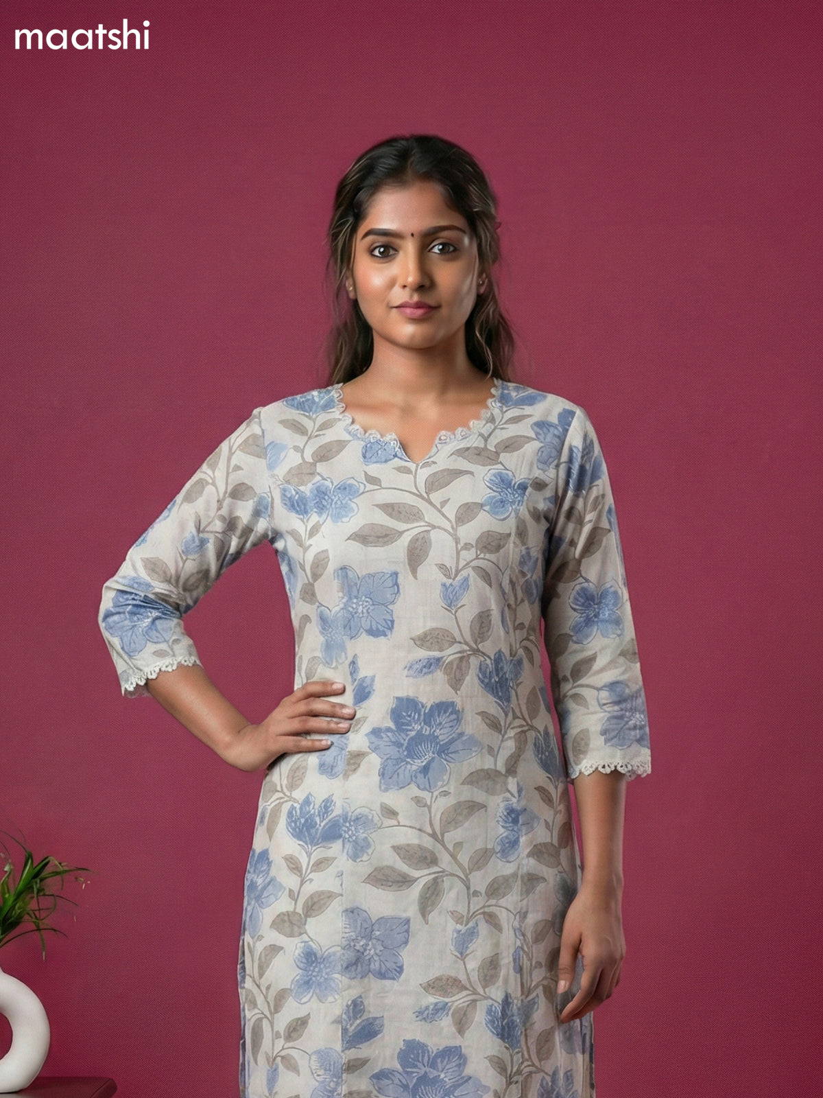 Off White and Blue Grey Linen Cotton Floral Printed Kurti Set