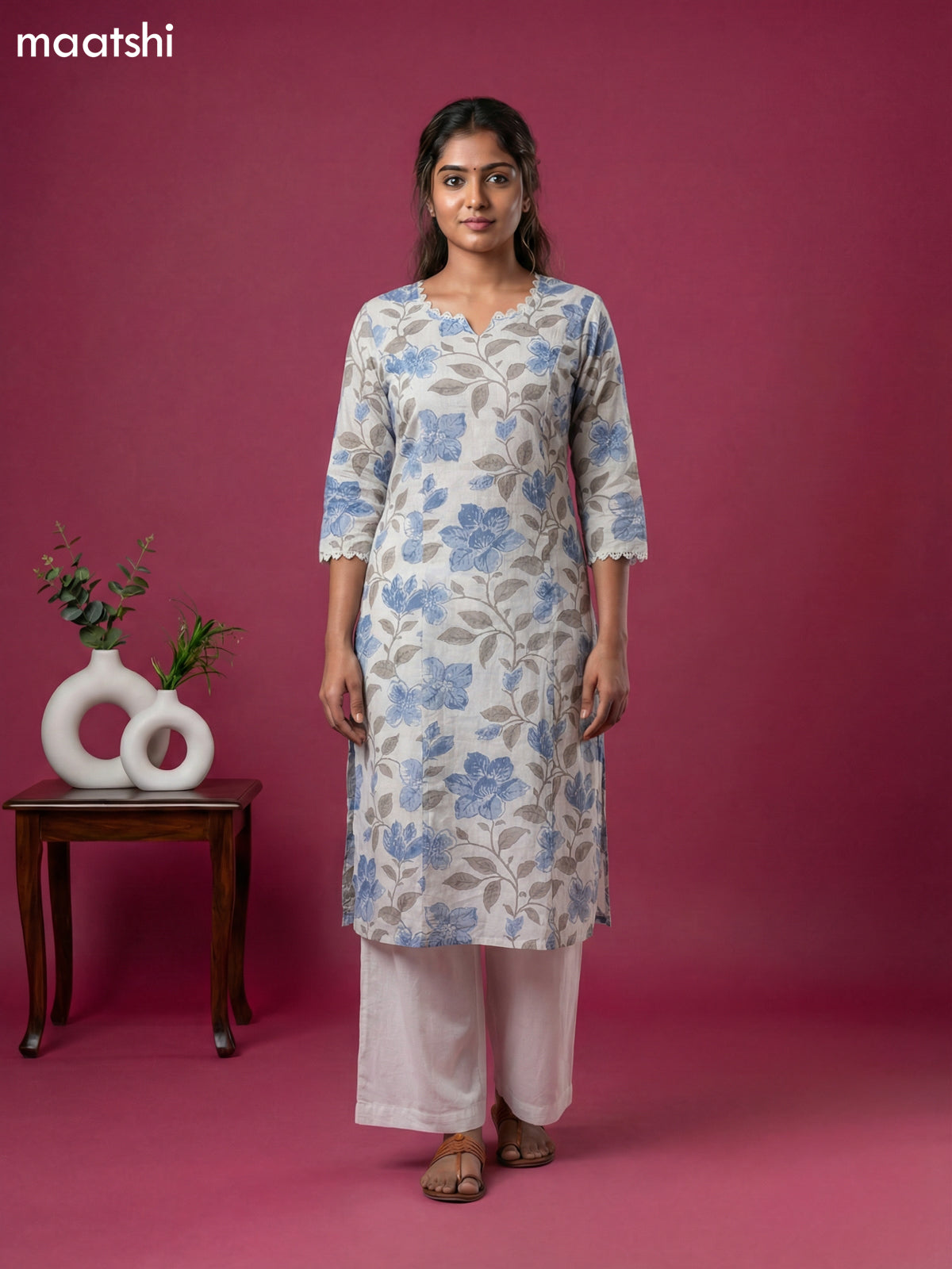 Off White and Blue Grey Linen Cotton Floral Printed Kurti Set