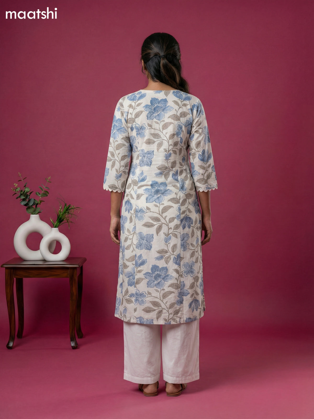 Off White and Blue Grey Linen Cotton Floral Printed Kurti Set