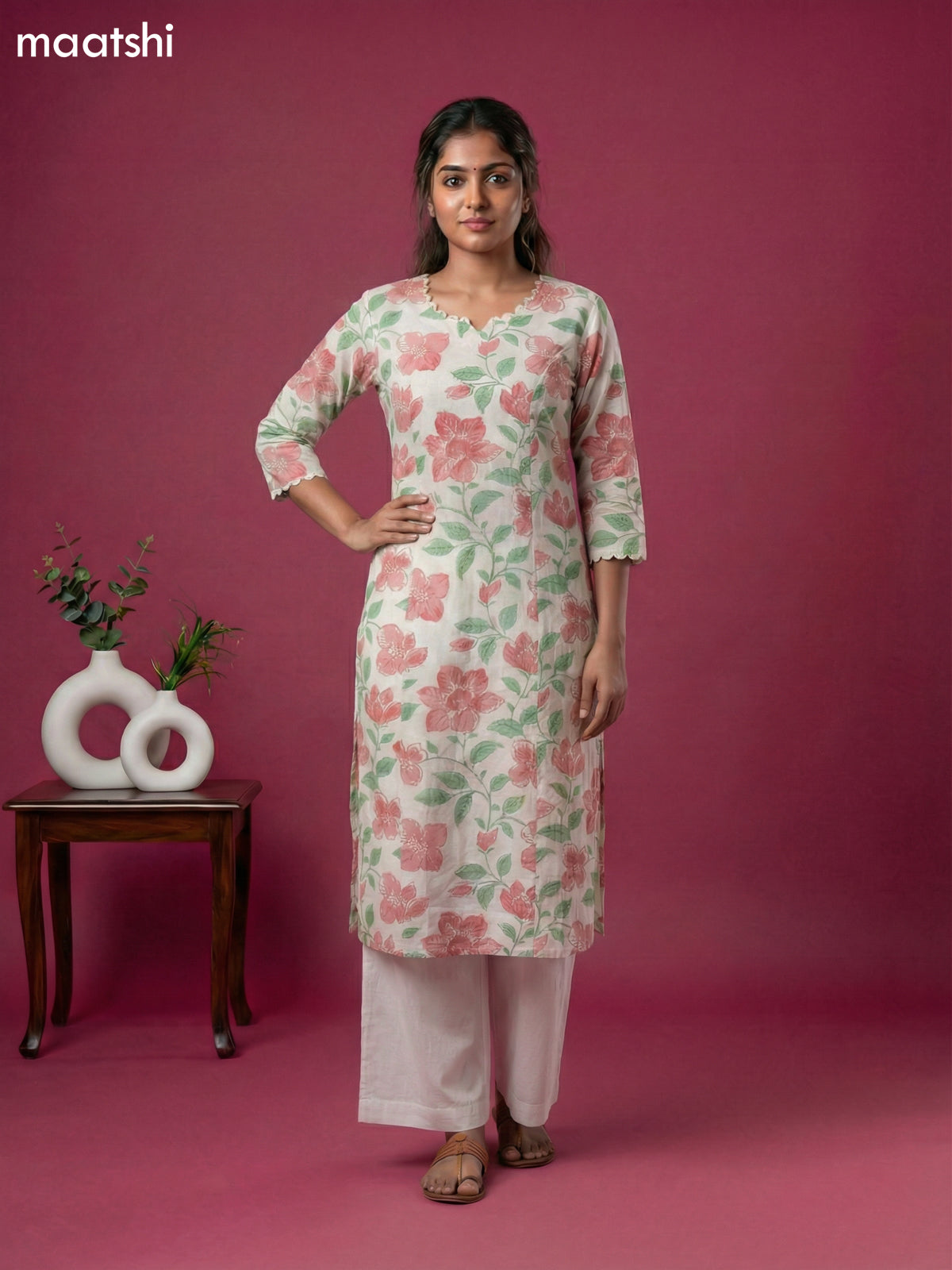 Off White and Peach Green Linen Cotton Floral Printed Kurti Set
