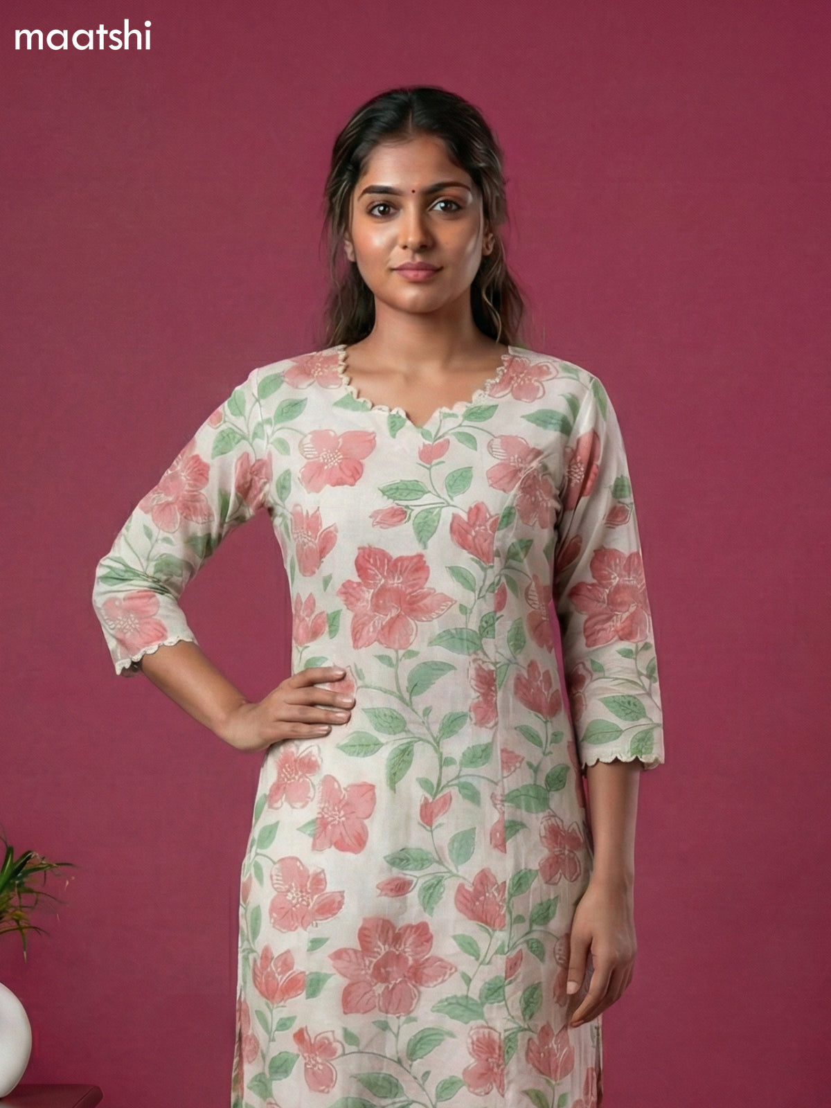 Off White and Peach Green Linen Cotton Floral Printed Kurti Set