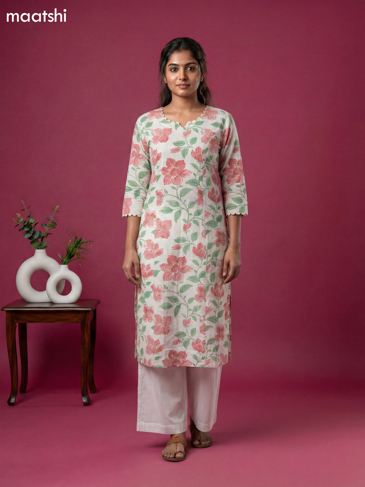 Off White and Peach Green Linen Cotton Floral Printed Kurti Set