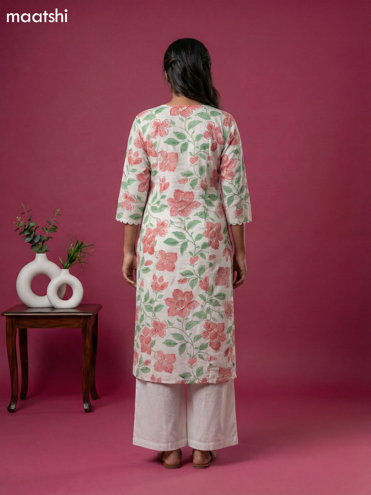 Off White and Peach Green Linen Cotton Floral Printed Kurti Set