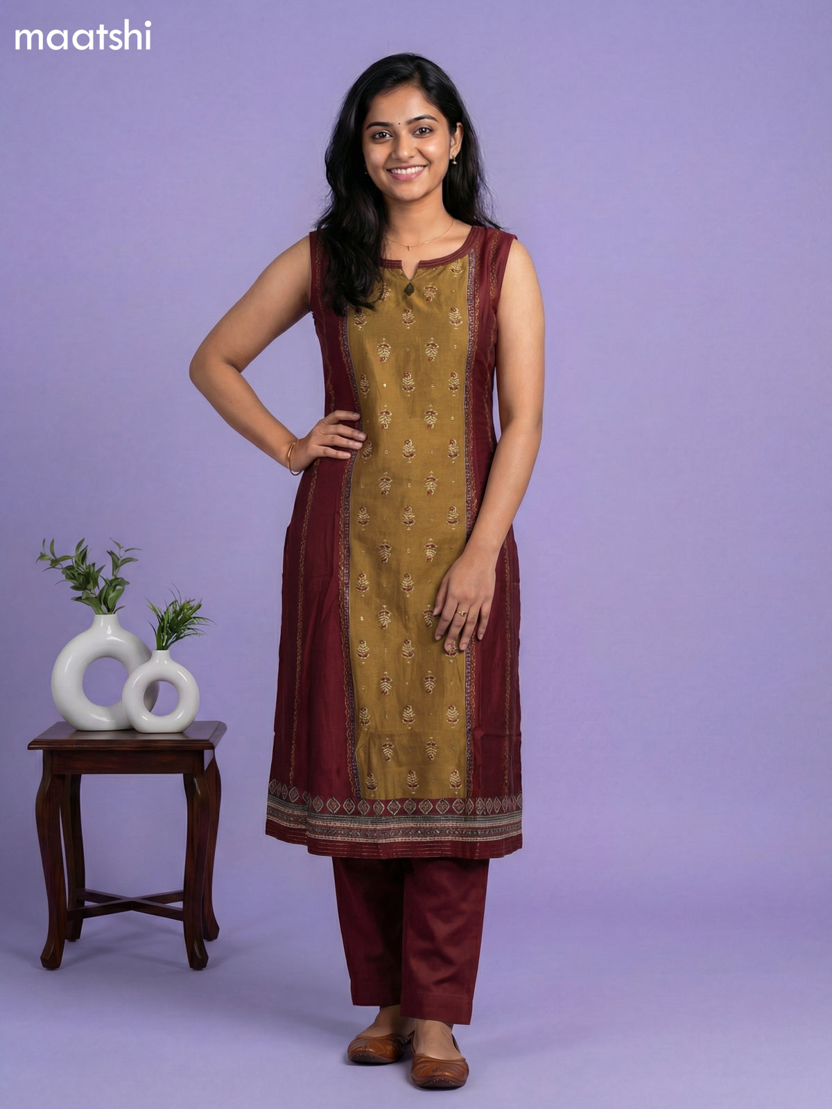 Maroon and Dark Mustard Chanderi Printed Neck Pattern Kurti Set