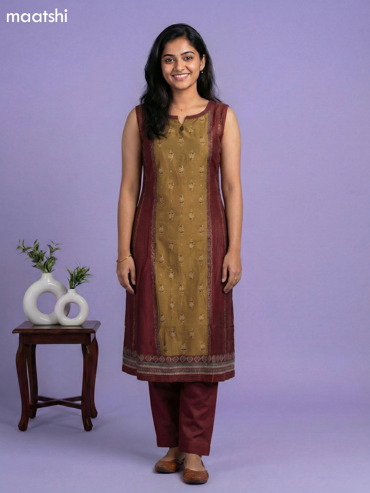 Maroon and Dark Mustard Chanderi Printed Neck Pattern Kurti Set