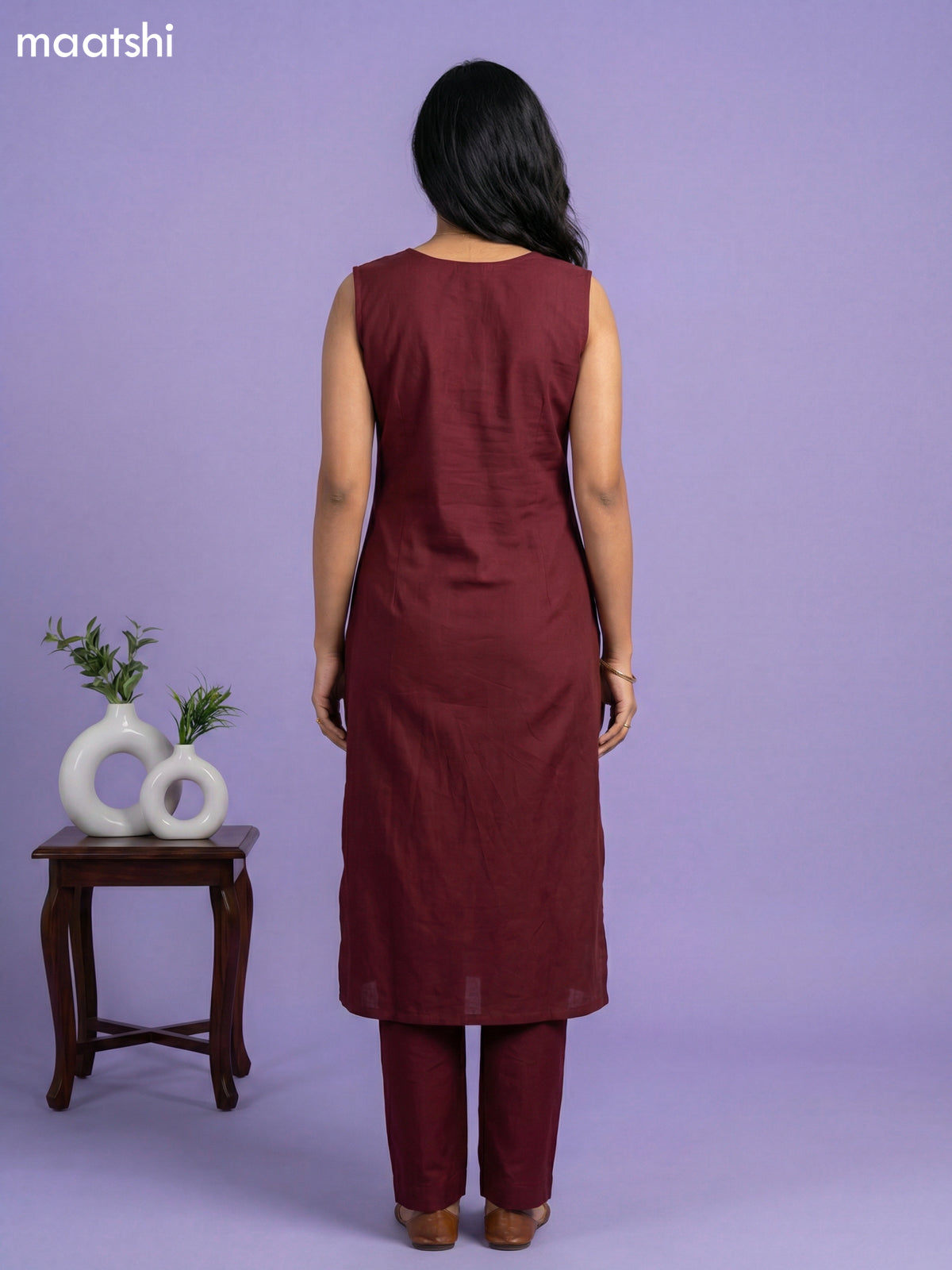 Maroon and Dark Mustard Chanderi Printed Neck Pattern Kurti Set