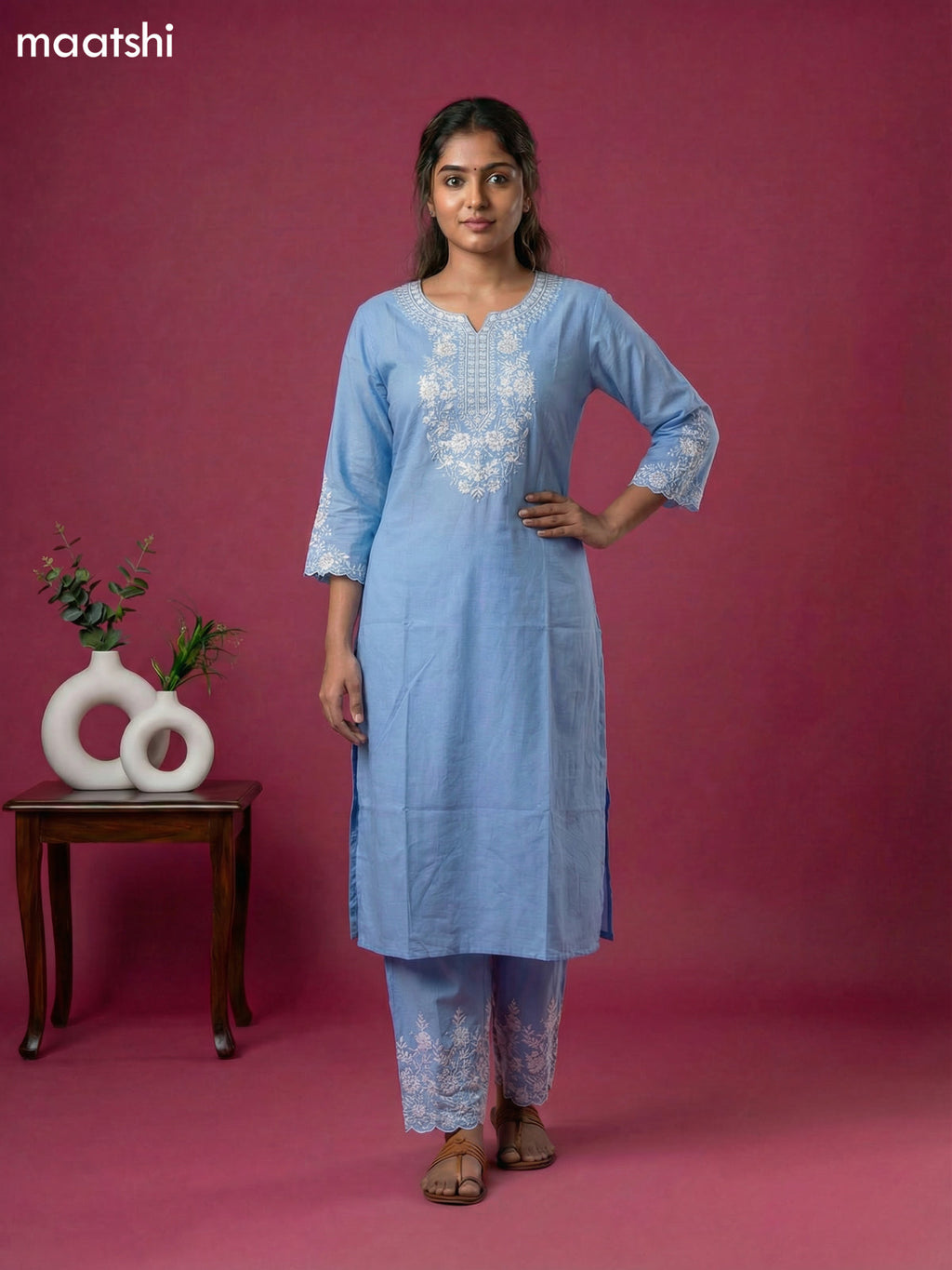 Light Blue Viscose Rayon Embroidery Work Kurti Set