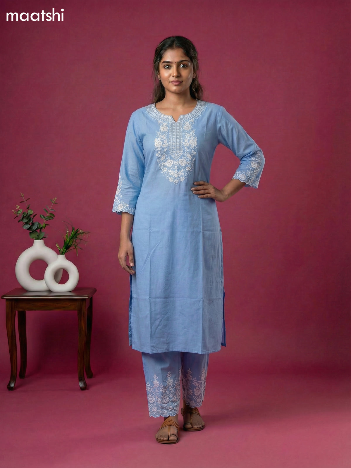 Light Blue Viscose Rayon Embroidery Work Kurti Set