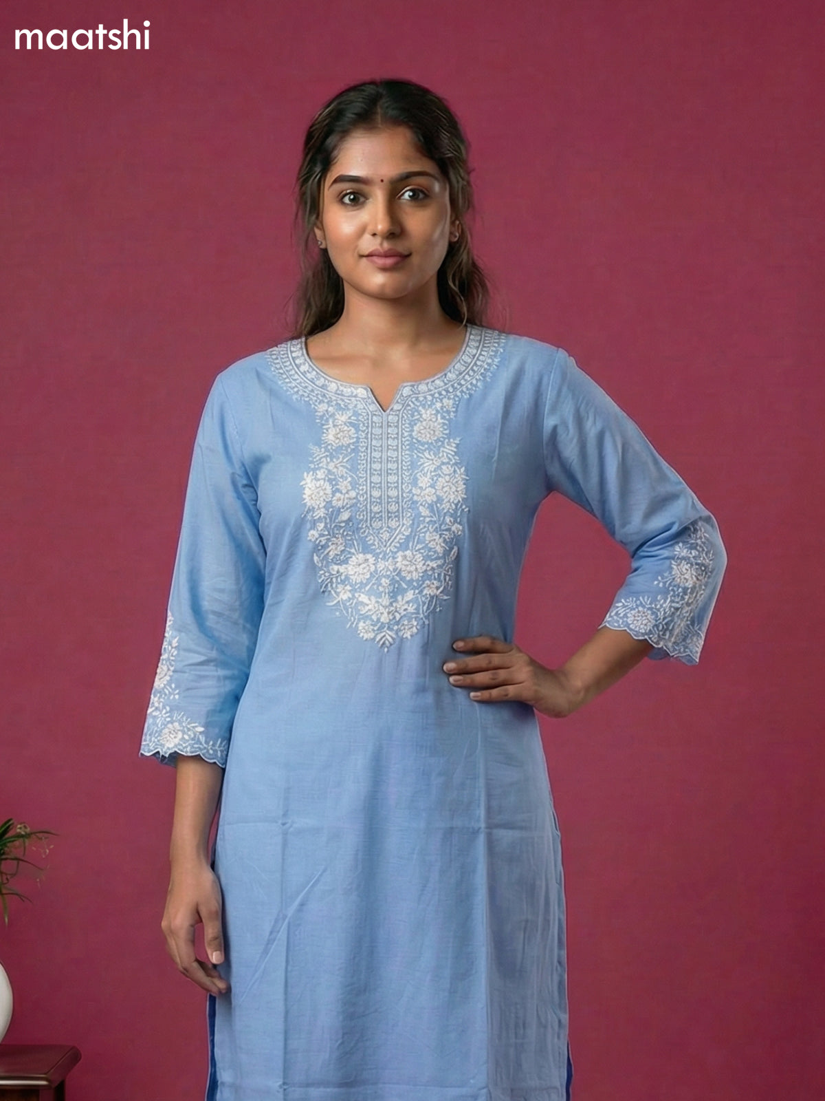 Light Blue Viscose Rayon Embroidery Work Kurti Set