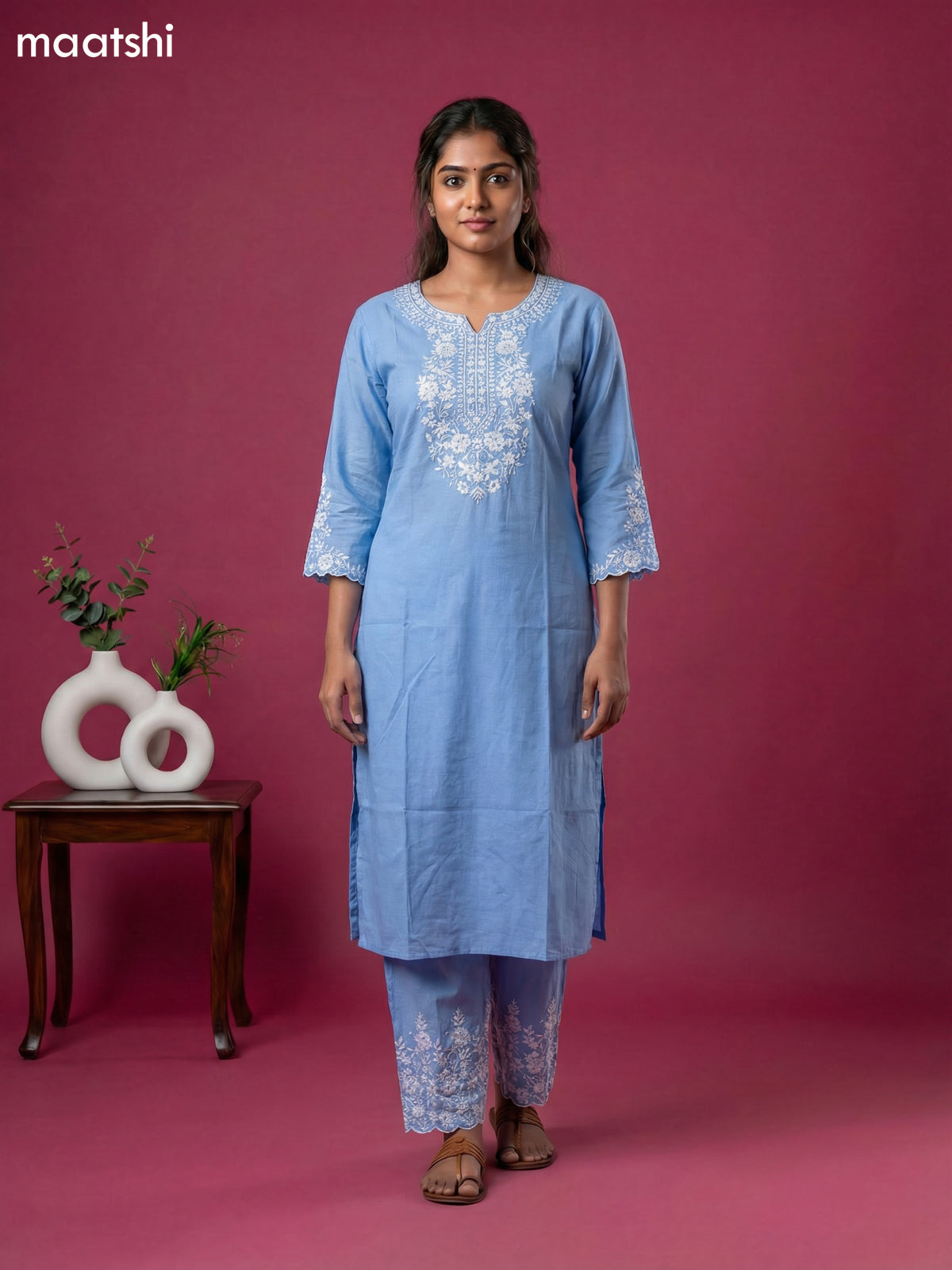Light Blue Viscose Rayon Embroidery Work Kurti Set