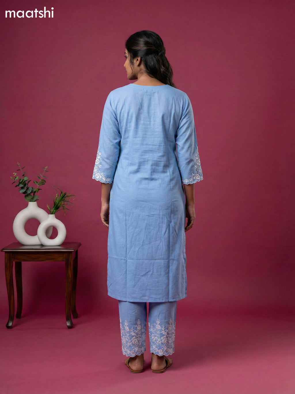 Light Blue Viscose Rayon Embroidery Work Kurti Set