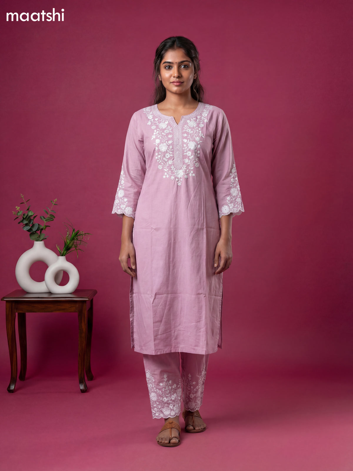 Baby Pink Viscose Rayon Embroidery Work Kurti Set