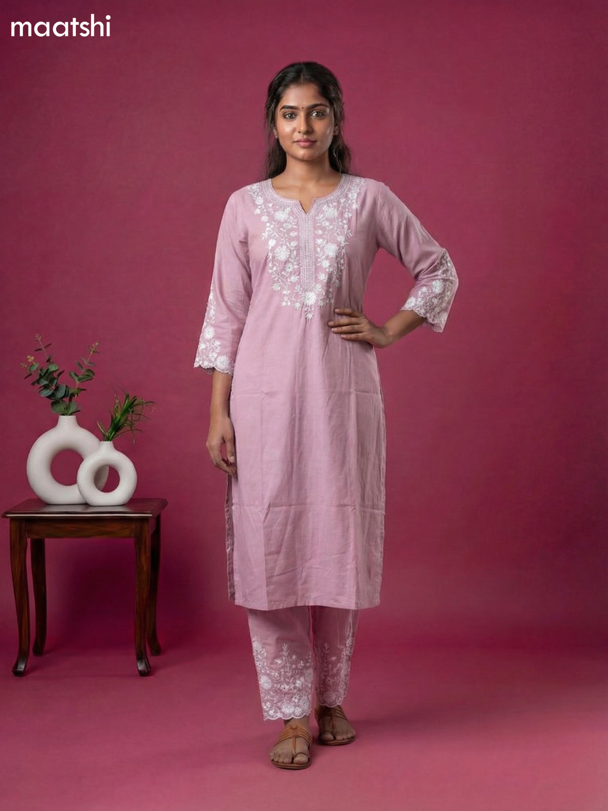 Baby Pink Viscose Rayon Embroidery Work Kurti Set