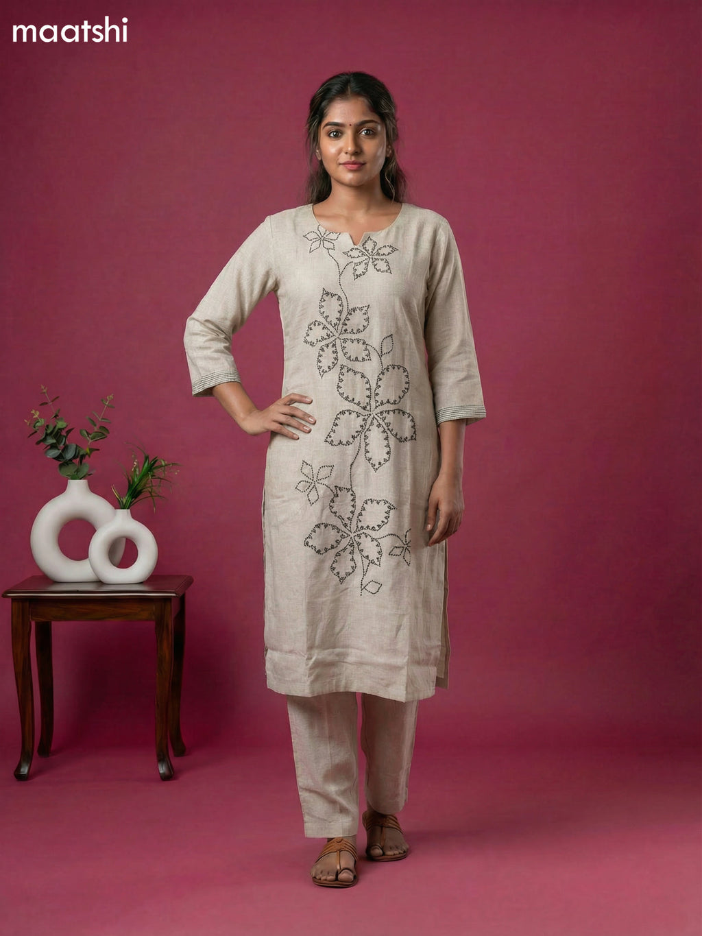 Beige Linen Cotton Simple Embroidery Work Kurti Set