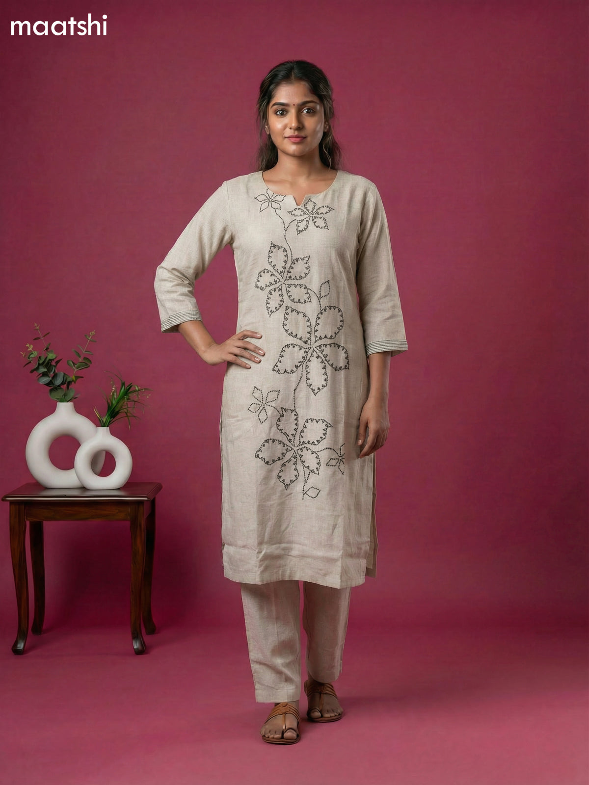 Beige Linen Cotton Simple Embroidery Work Kurti Set