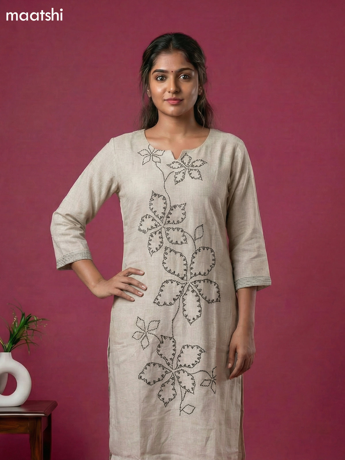 Beige Linen Cotton Simple Embroidery Work Kurti Set