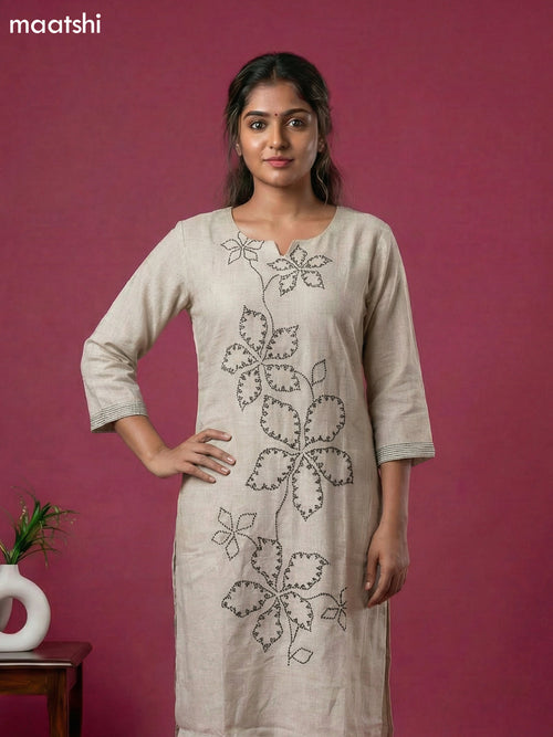 Beige Linen Cotton Simple Embroidery Work Kurti Set