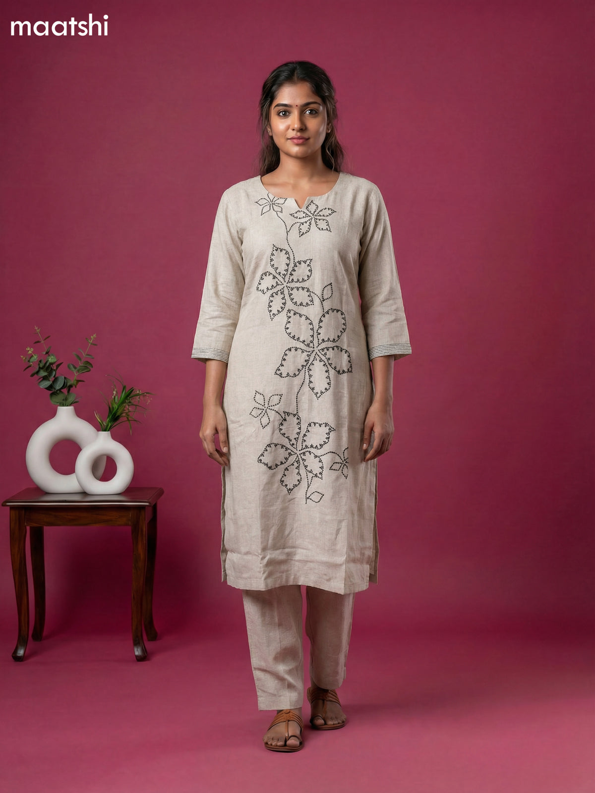Beige Linen Cotton Simple Embroidery Work Kurti Set