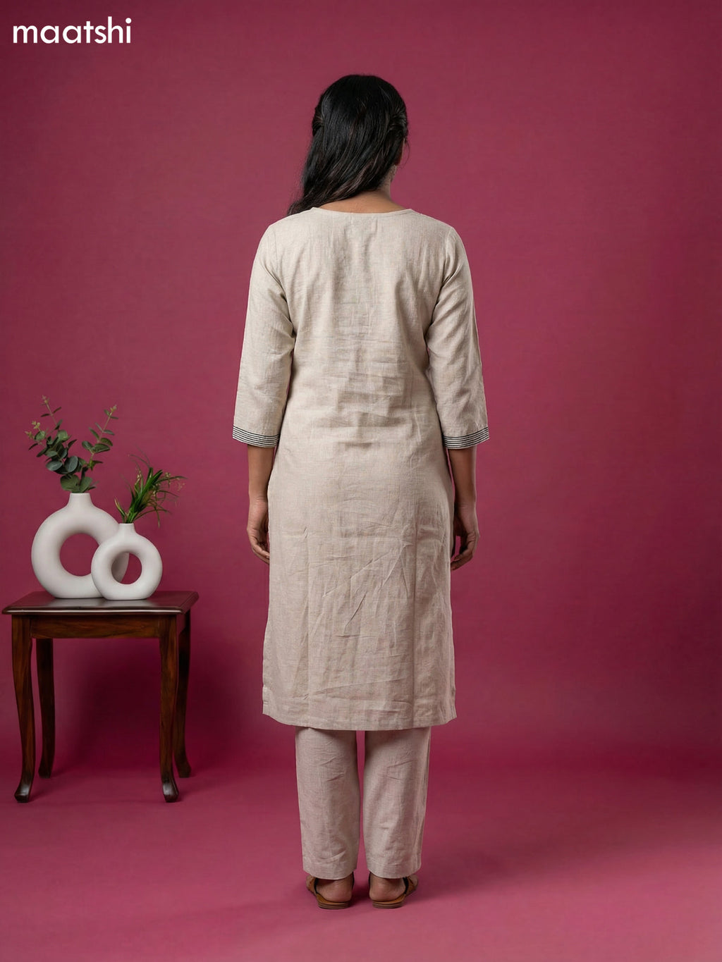 Beige Linen Cotton Simple Embroidery Work Kurti Set