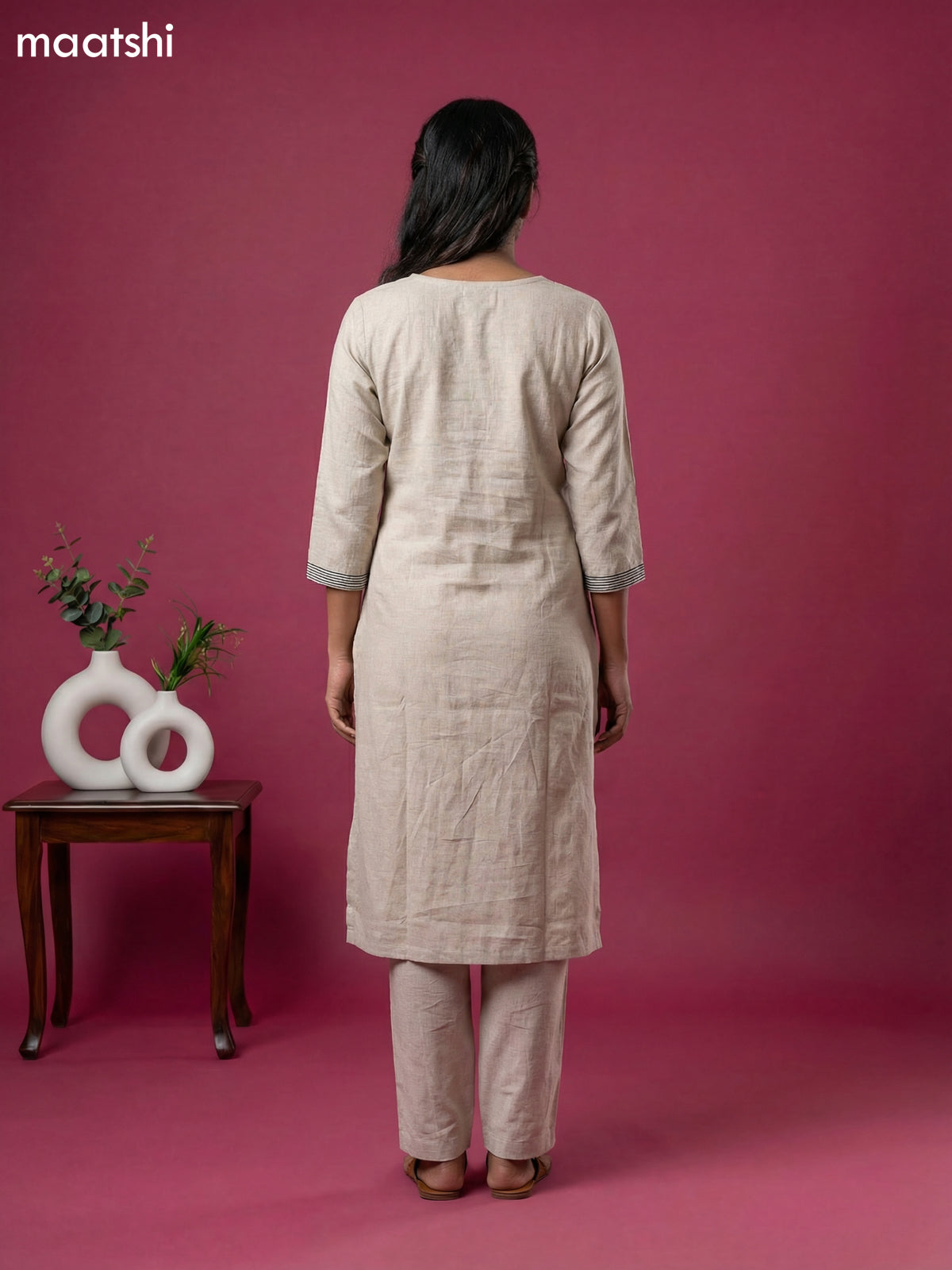Beige Linen Cotton Simple Embroidery Work Kurti Set