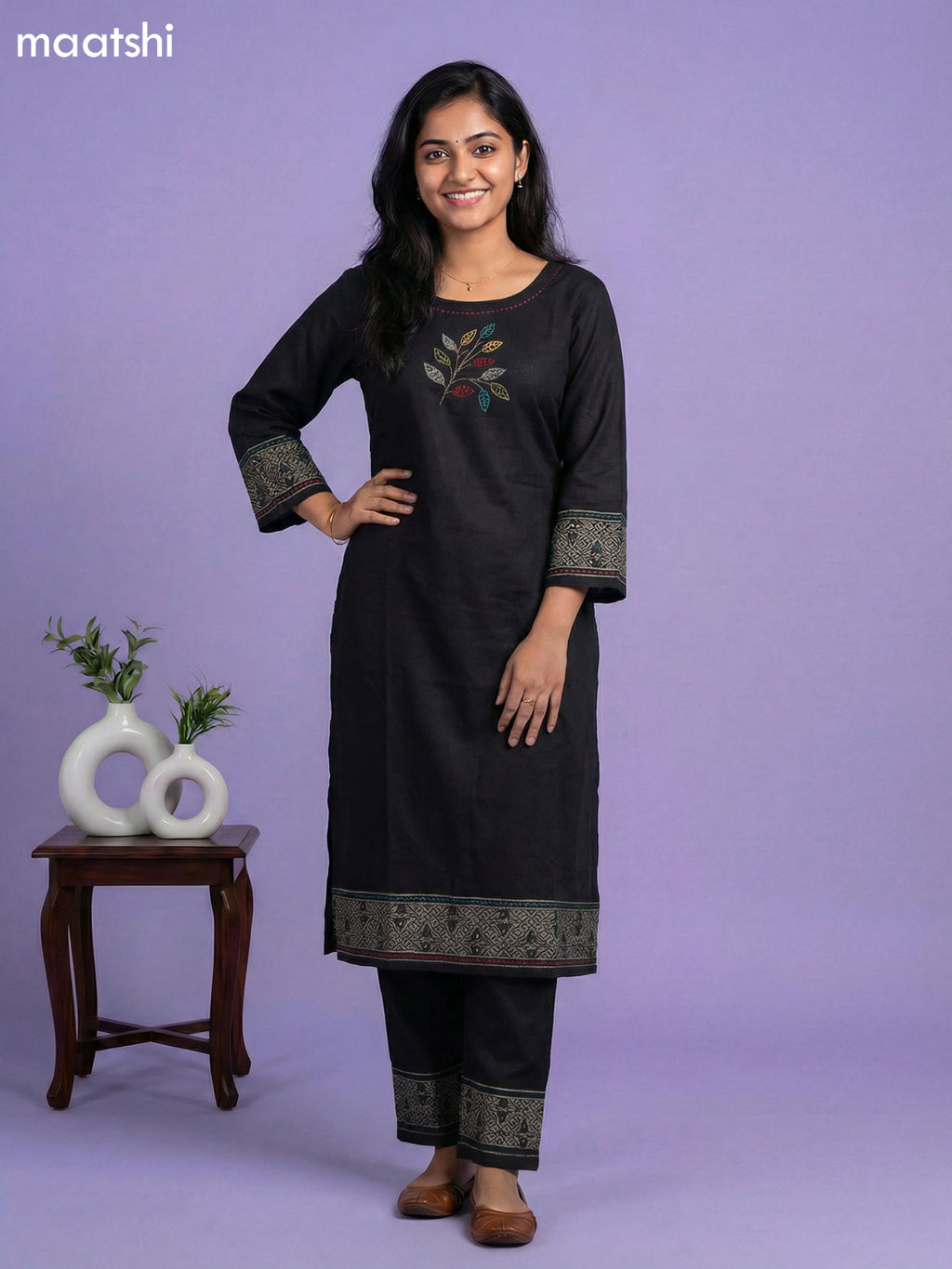 Black Cotton Simple Embroidery Work Kurti Set