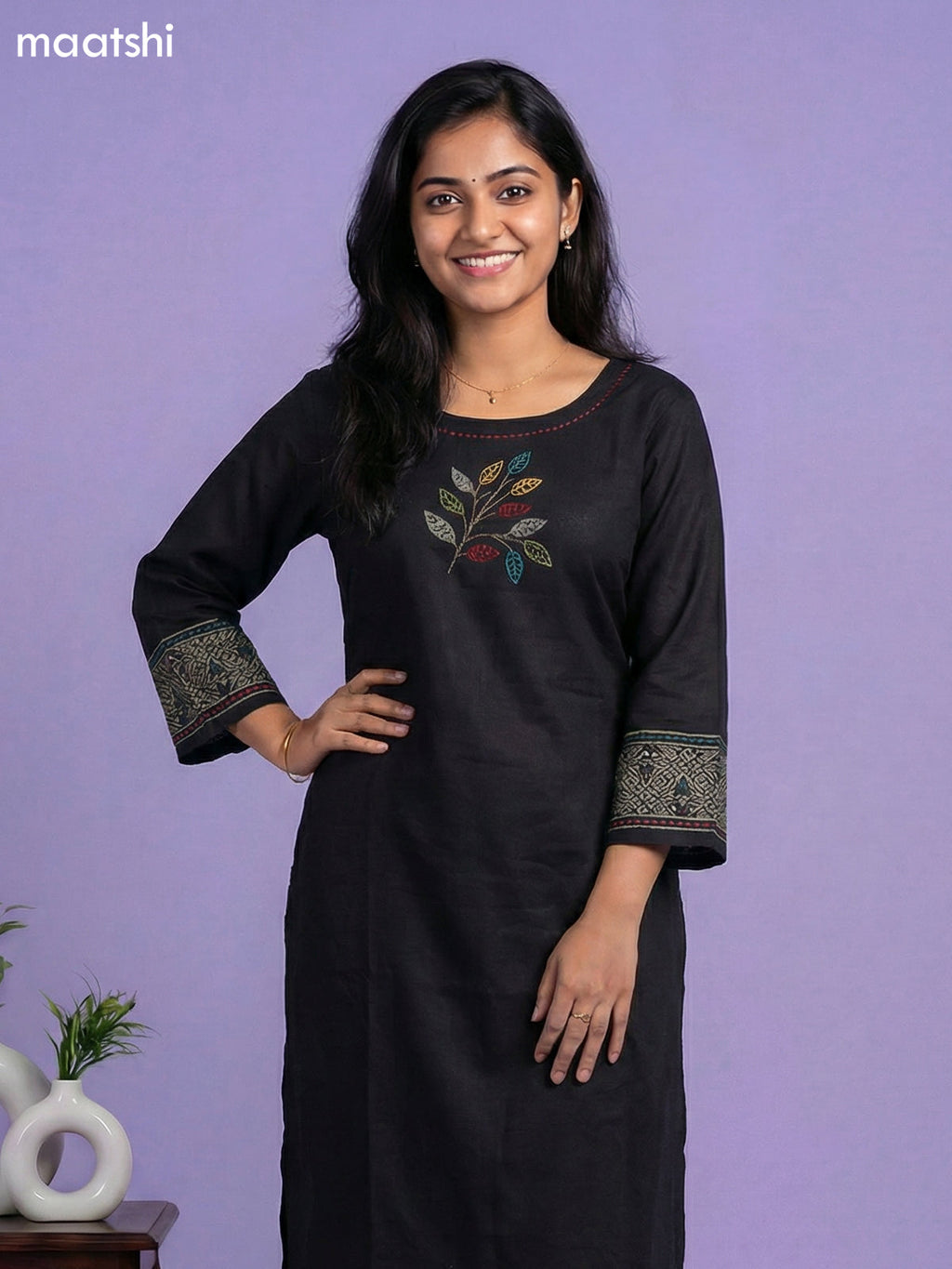 Black Cotton Simple Embroidery Work Kurti Set