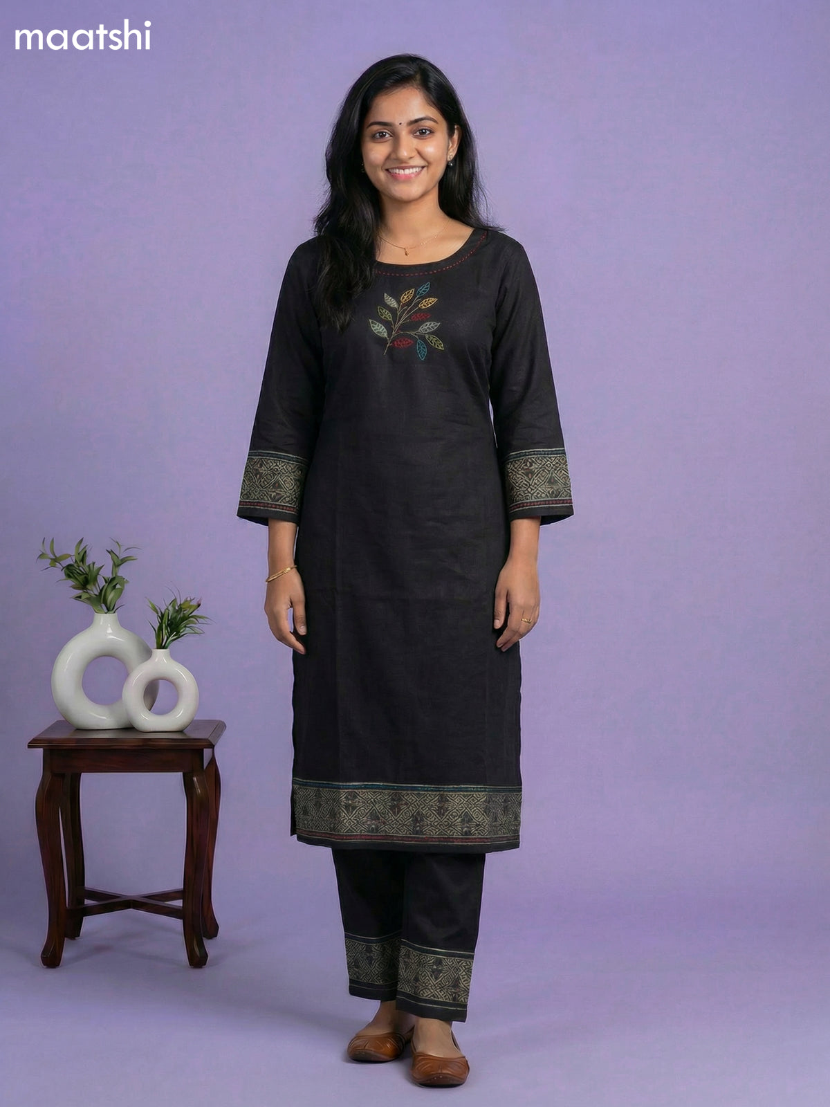 Black Cotton Simple Embroidery Work Kurti Set