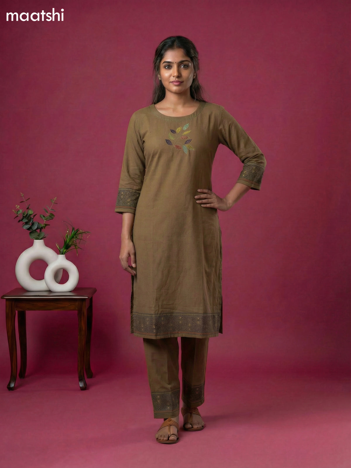 Dark Brown Cotton Simple Embroidery Work Kurti Set