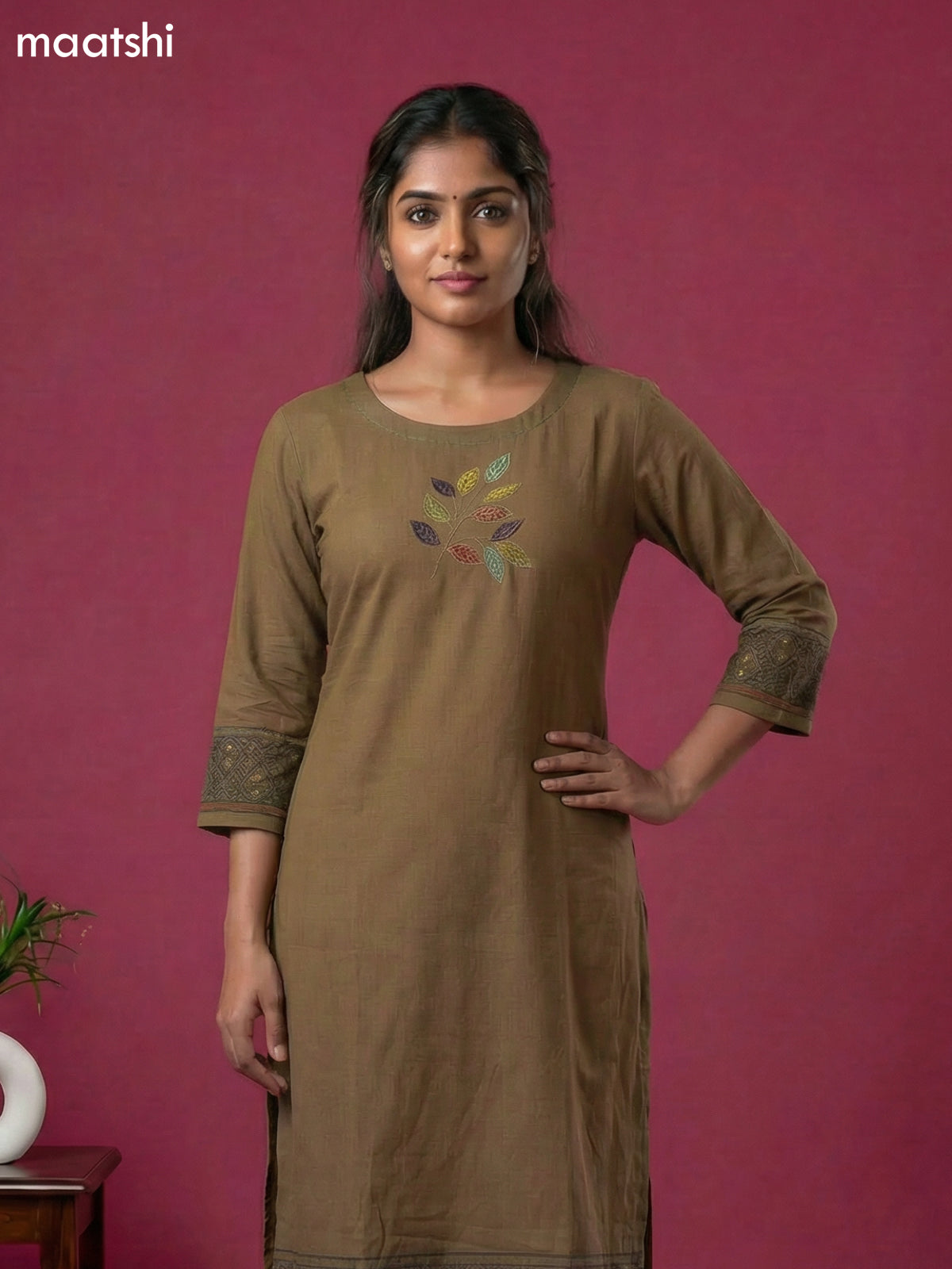 Dark Brown Cotton Simple Embroidery Work Kurti Set