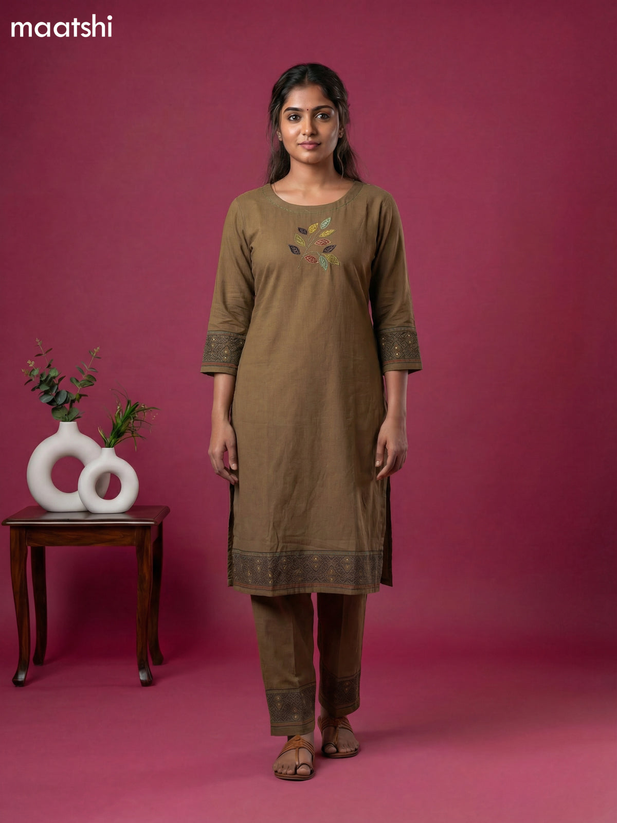 Dark Brown Cotton Simple Embroidery Work Kurti Set