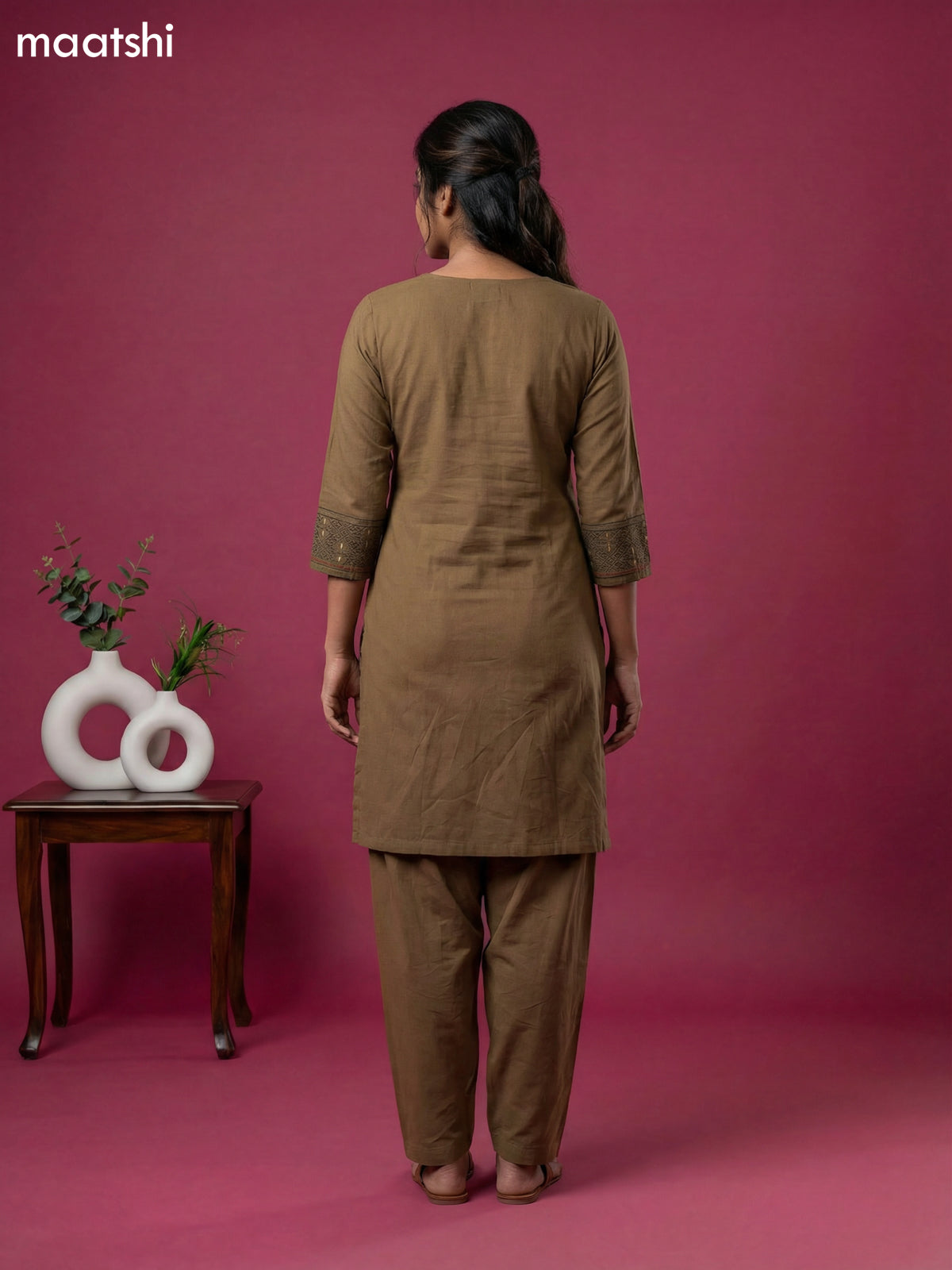 Dark Brown Cotton Simple Embroidery Work Kurti Set