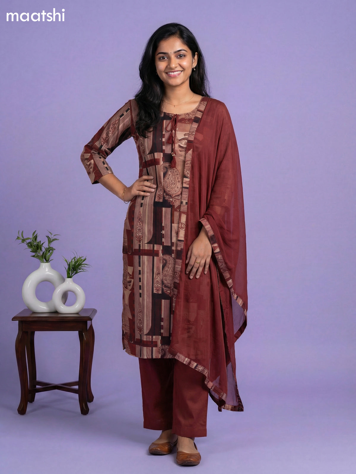 Beige and Rustic Maroon Cotton Printed Straight Suit