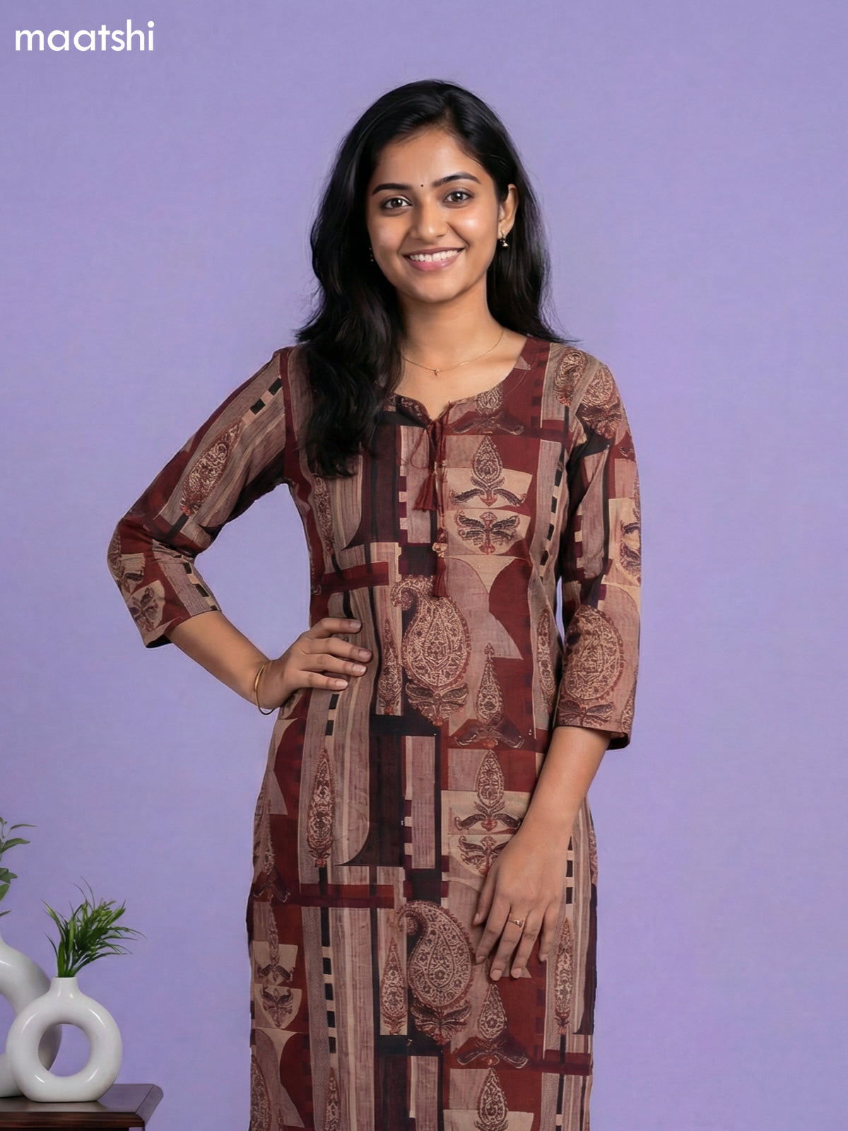 Beige and Rustic Maroon Cotton Printed Straight Suit
