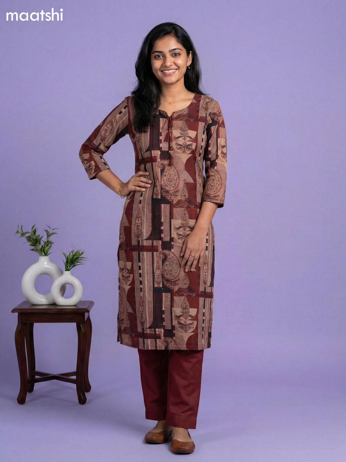 Beige and Rustic Maroon Cotton Printed Straight Suit