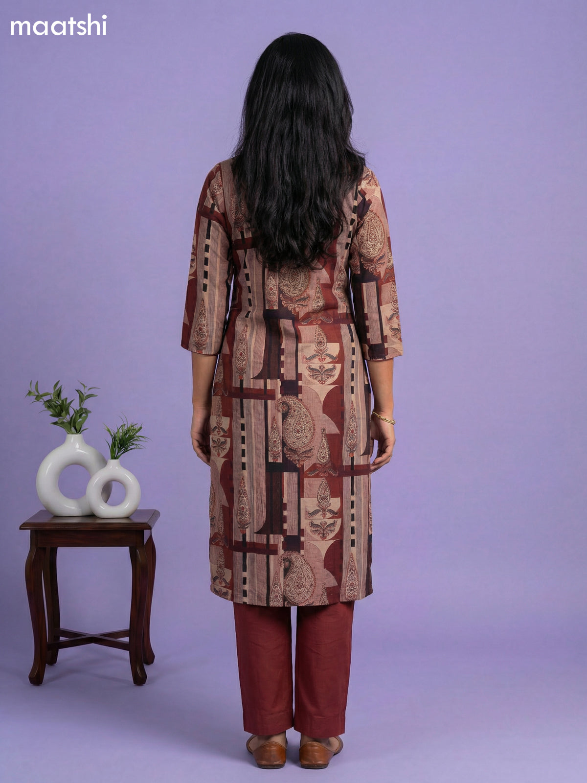 Beige and Rustic Maroon Cotton Printed Straight Suit
