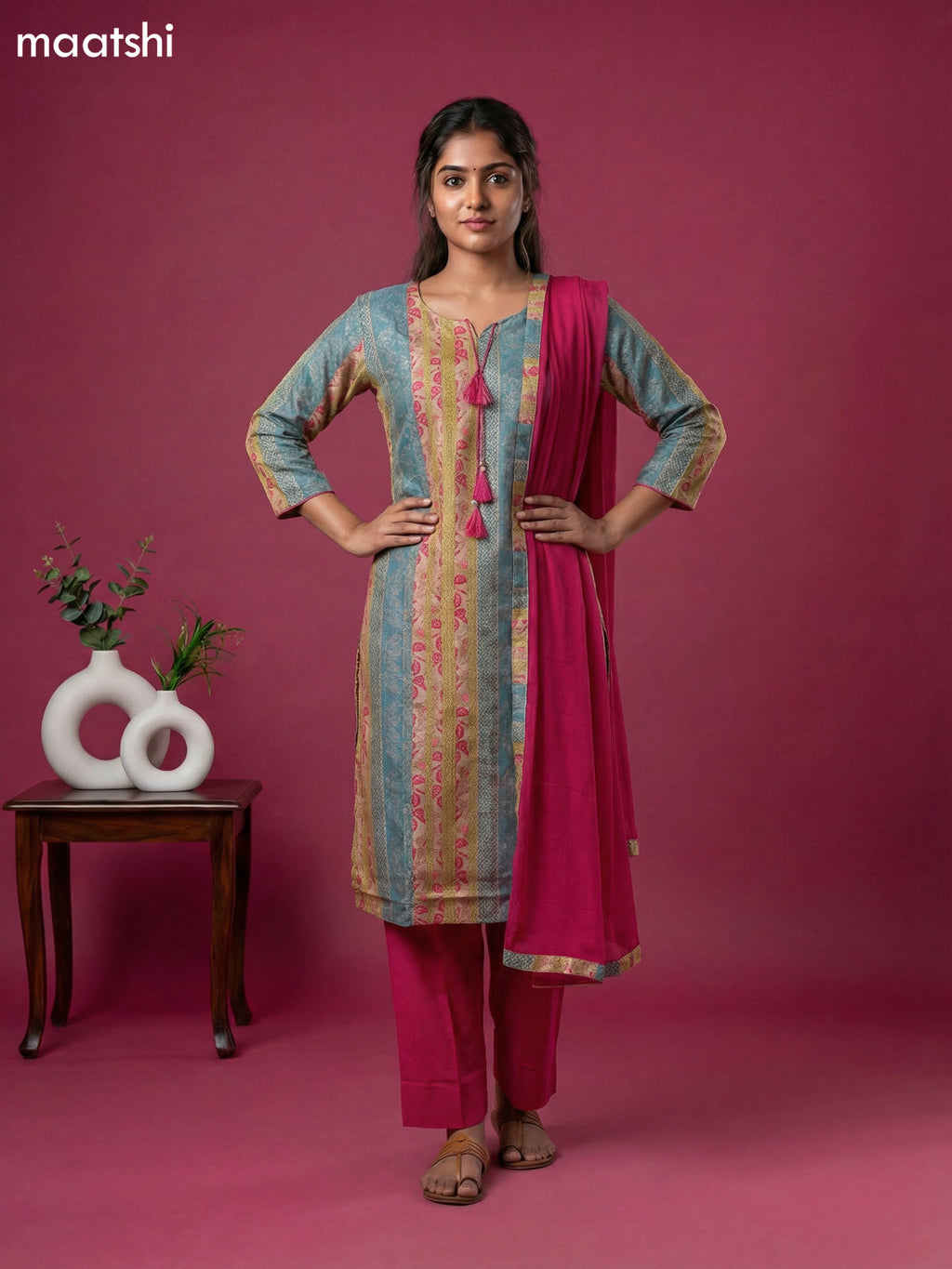 Beige and Blue Pink Cotton Printed Straight Suit