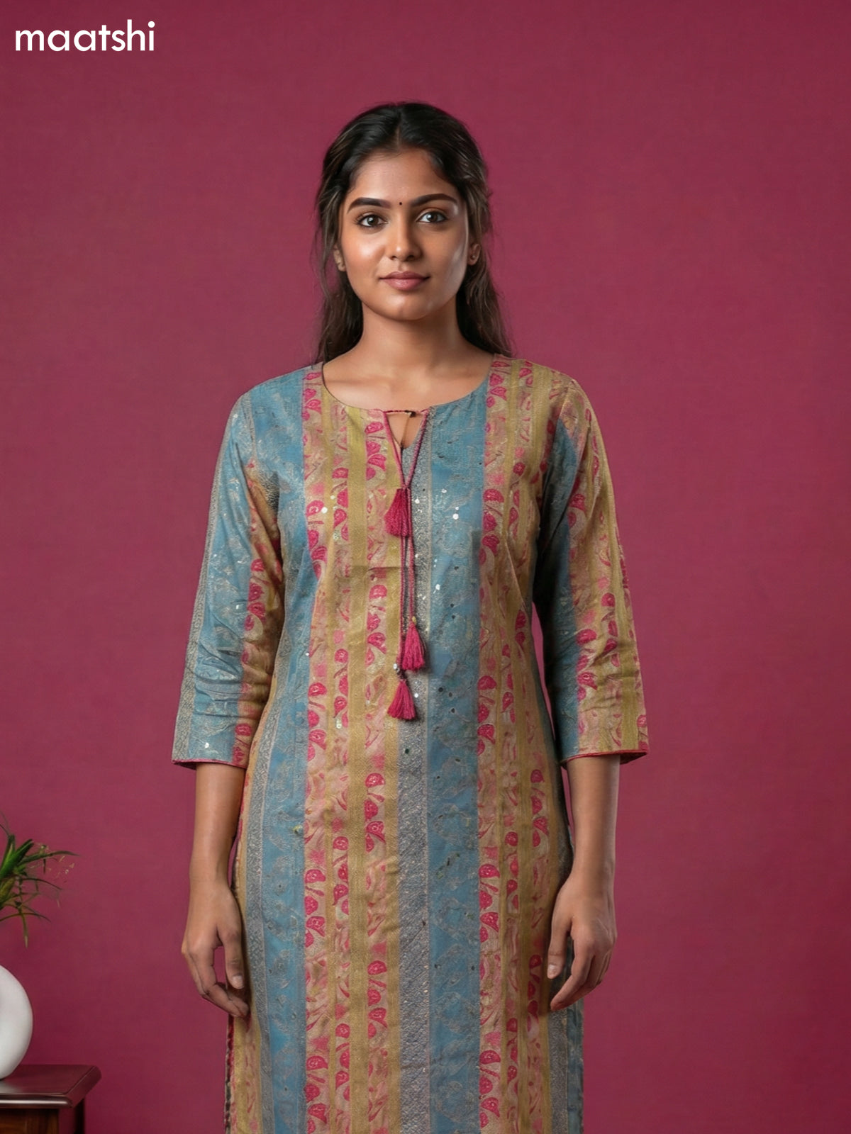 Beige and Blue Pink Cotton Printed Straight Suit