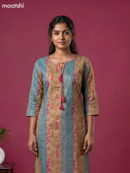 Beige and Blue Pink Cotton Printed Straight Suit