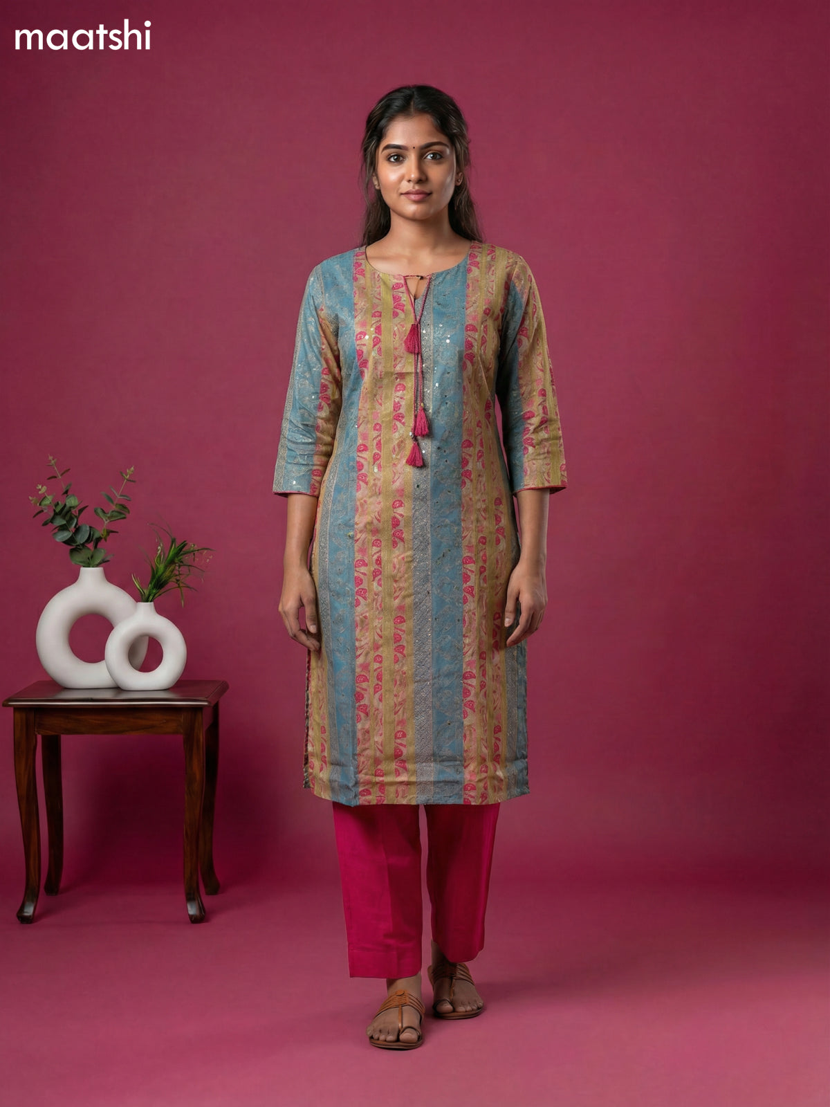 Beige and Blue Pink Cotton Printed Straight Suit